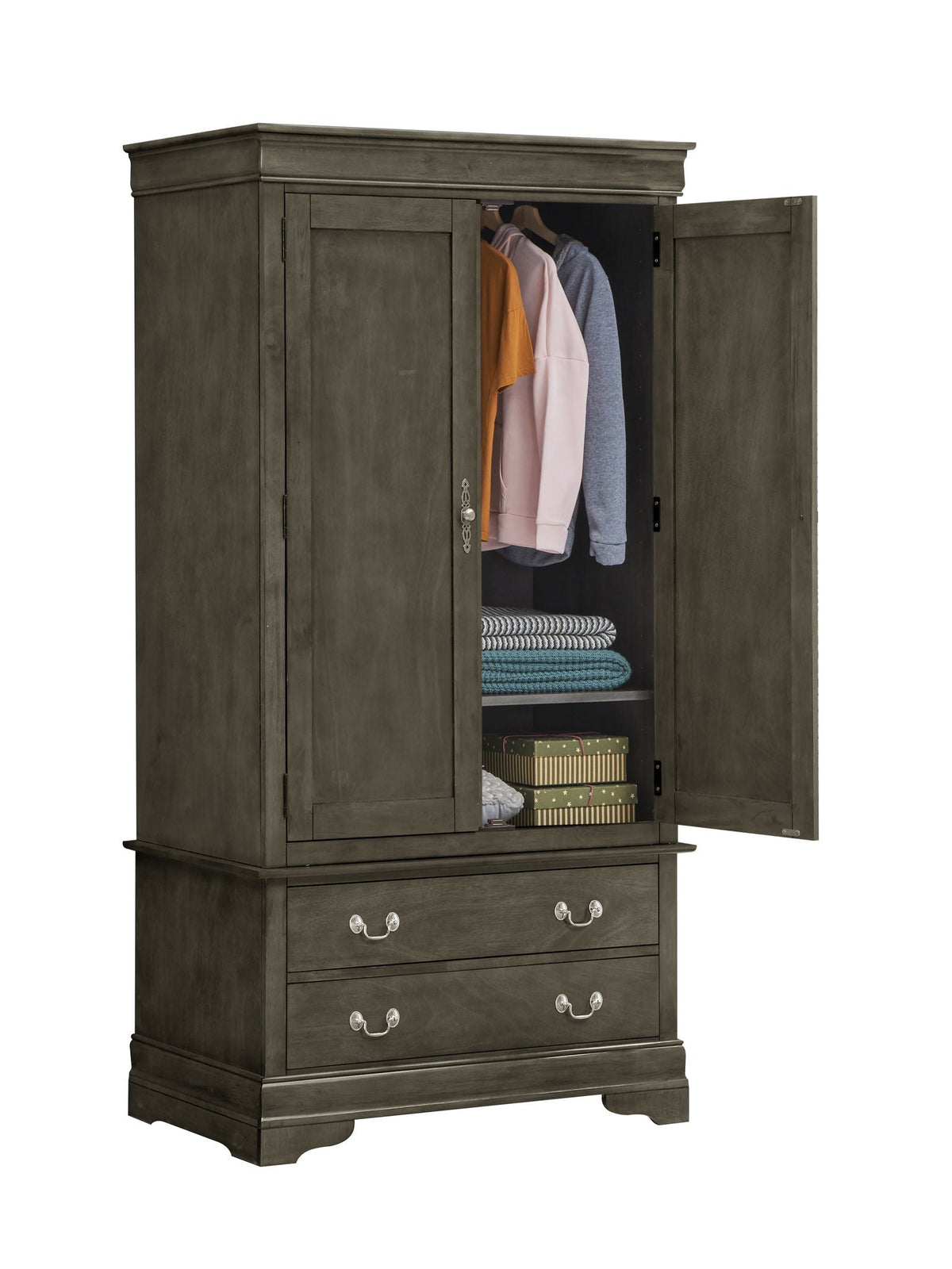 Armoire with hanging bar in dark wood; shows clothes and blankets inside HouseOfZazla on Tampa Home & Garden Store
