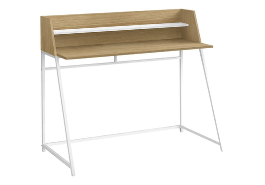 Computer desk for home office with marble-look wood top, white shelf, silver metal legs on Tampa Home & Garden Store