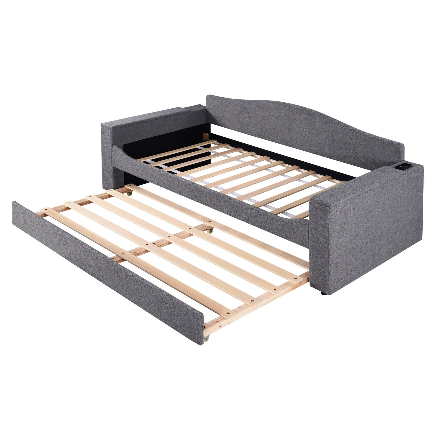 Upholstered gray daybed with storage armrests and built-in trundle, wooden slat base on Tampa Home & Garden Store