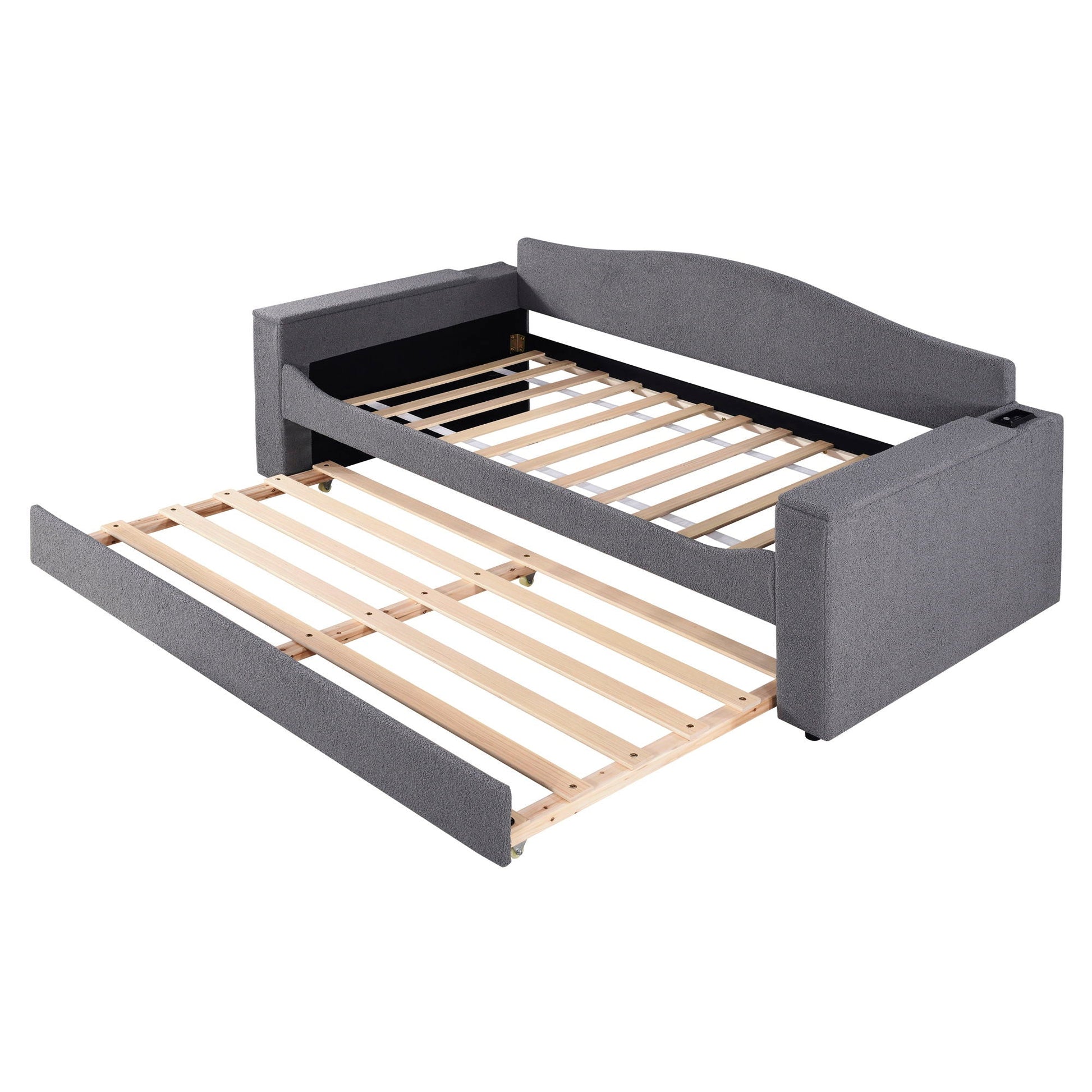 Upholstered gray daybed with storage armrests and built-in trundle, wooden slat base on Tampa Home & Garden Store