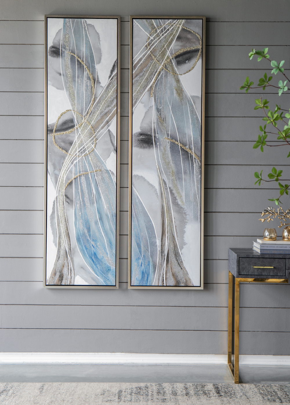 Elongated modern abstract oil paintings wall art set of 2 on canvas, gray-blue with gold lines on Tampa Home & Garden Store