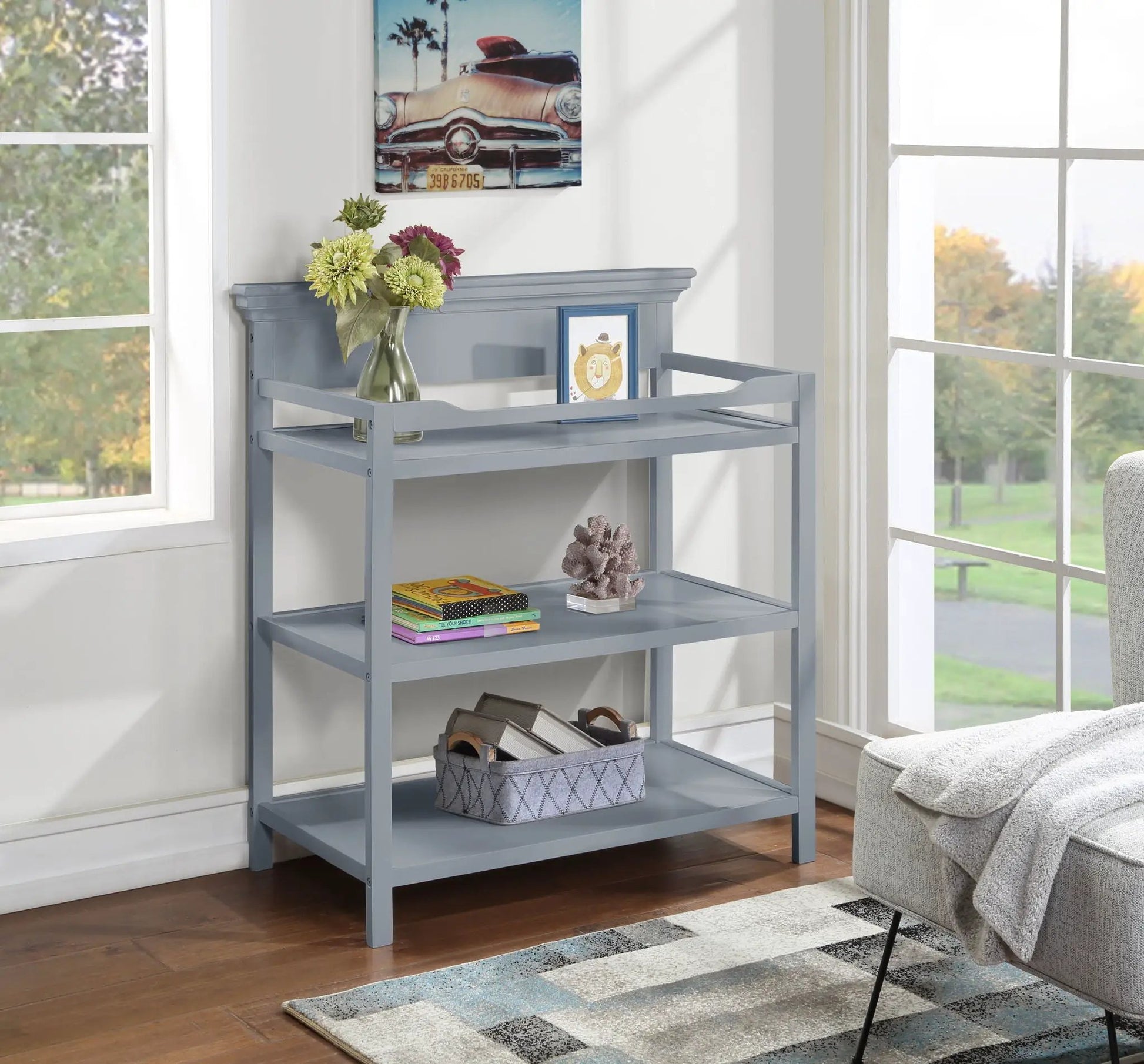 Universal Changing Table from Unique Piece Furniture in gray-blue with three open shelves on Tampa Home & Garden Store