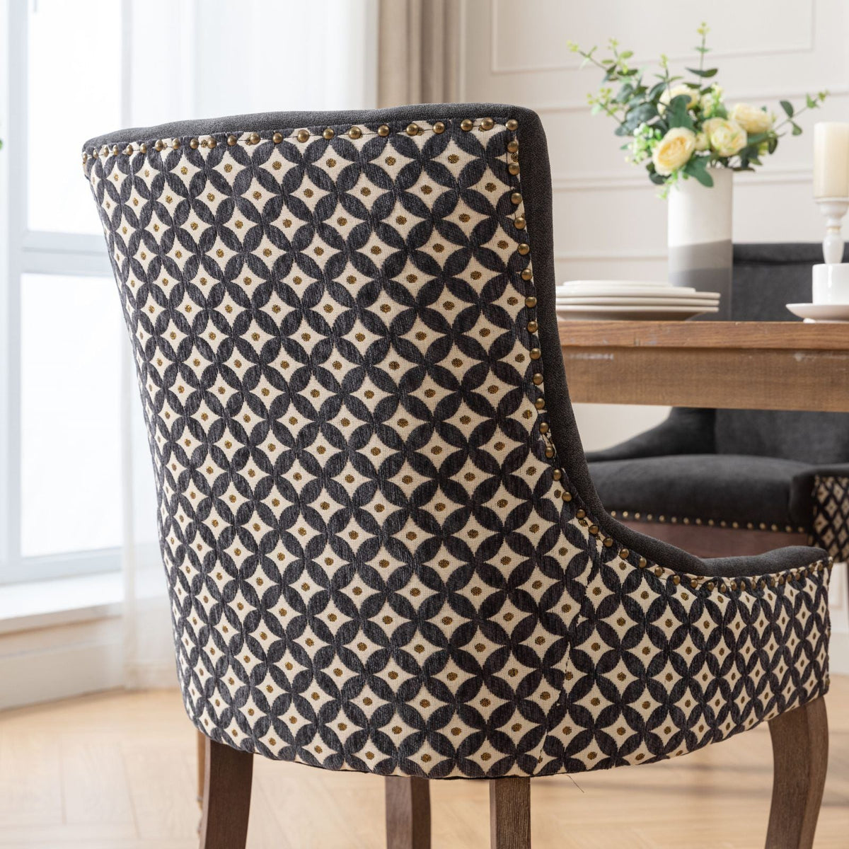 Ultra Side Dining Chair Set by HouseOfZazla in dark patterned fabric with solid wood legs on Tampa Home & Garden Store