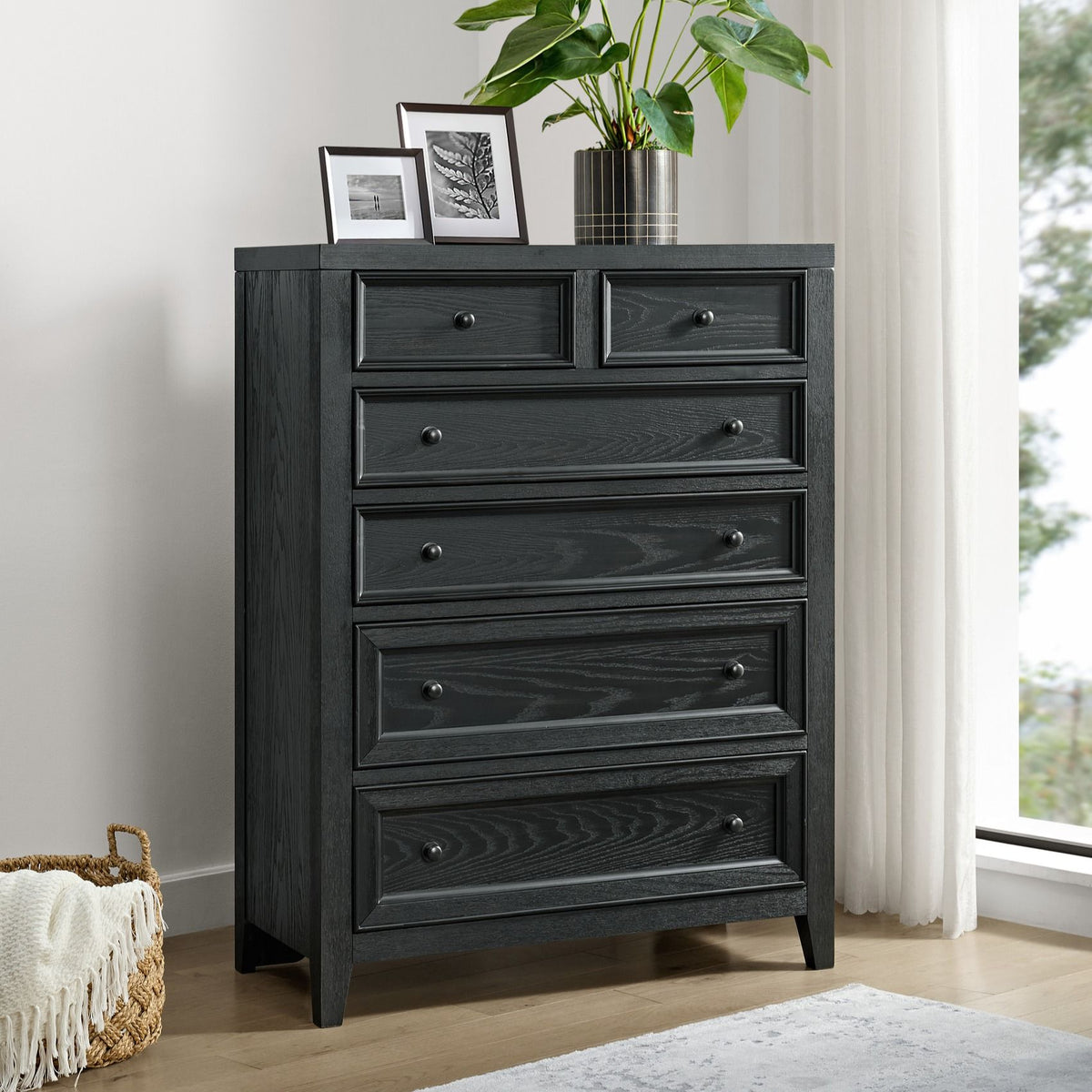 6 Drawer Chest with Smooth Slides in black wood finish with round knob pulls on top on Tampa Home & Garden Store