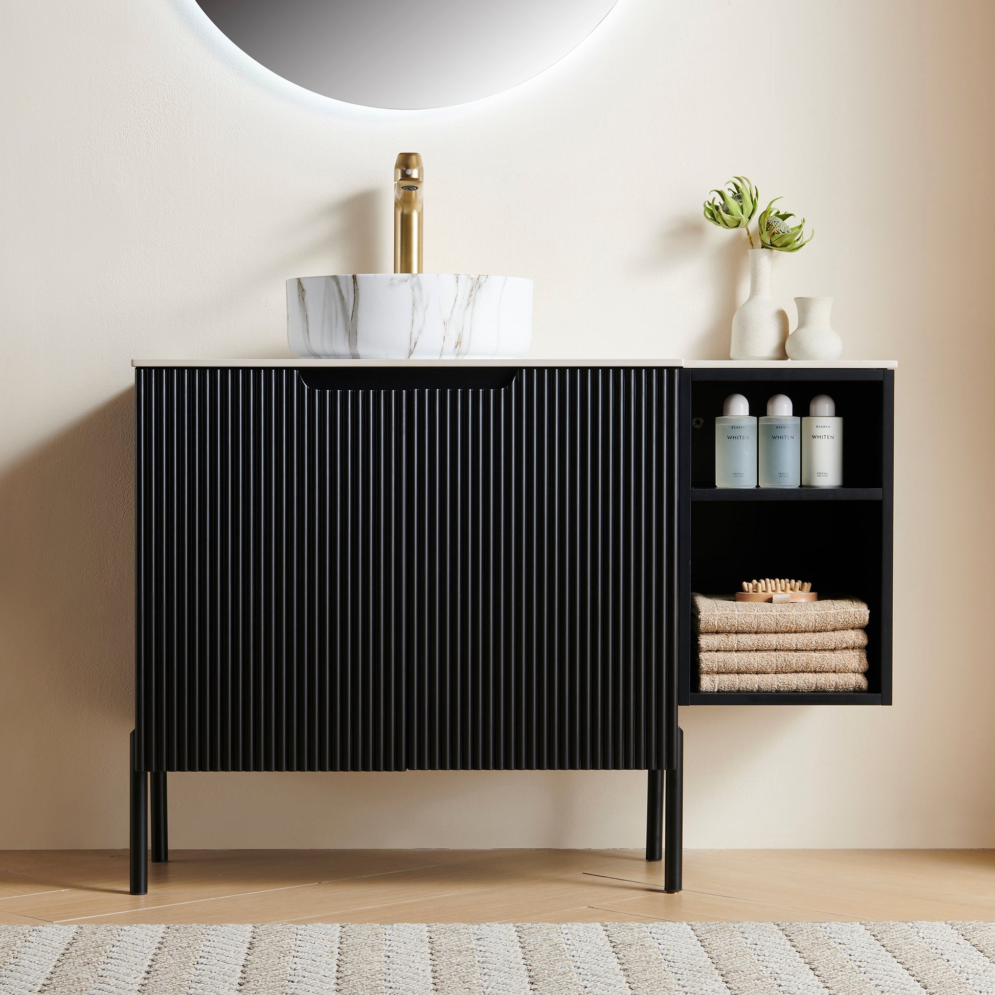Turio 42in bathroom storage cabinet black ribbed finish with marble sink and gold faucet on Tampa Home & Garden Store