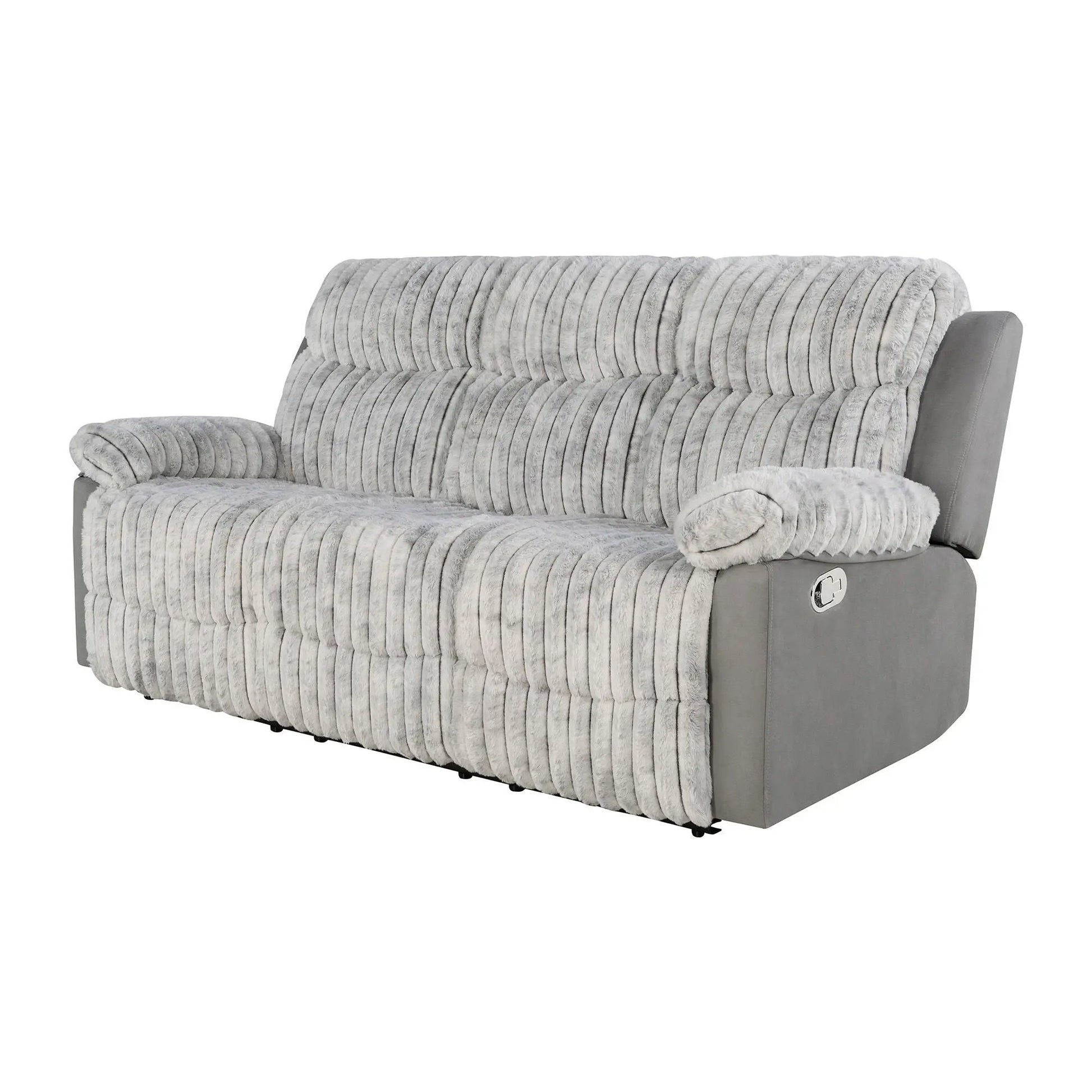 Brenda reclining sofa by Unique Piece Furniture in light gray corded fabric with manual recline on Tampa Home & Garden Store