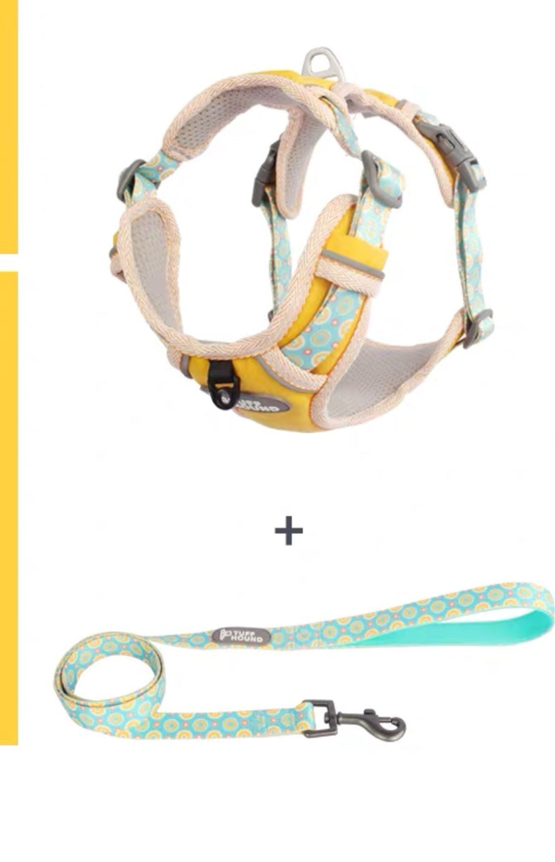 Pet Zen dog harness and leash, pastel turquoise-yellow pattern, chest strap, clip leash on Tampa Home & Garden Store