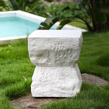 Cleo Outdoor Side Table HouseOfZazla white textured stone column near pool on Tampa Home & Garden Store