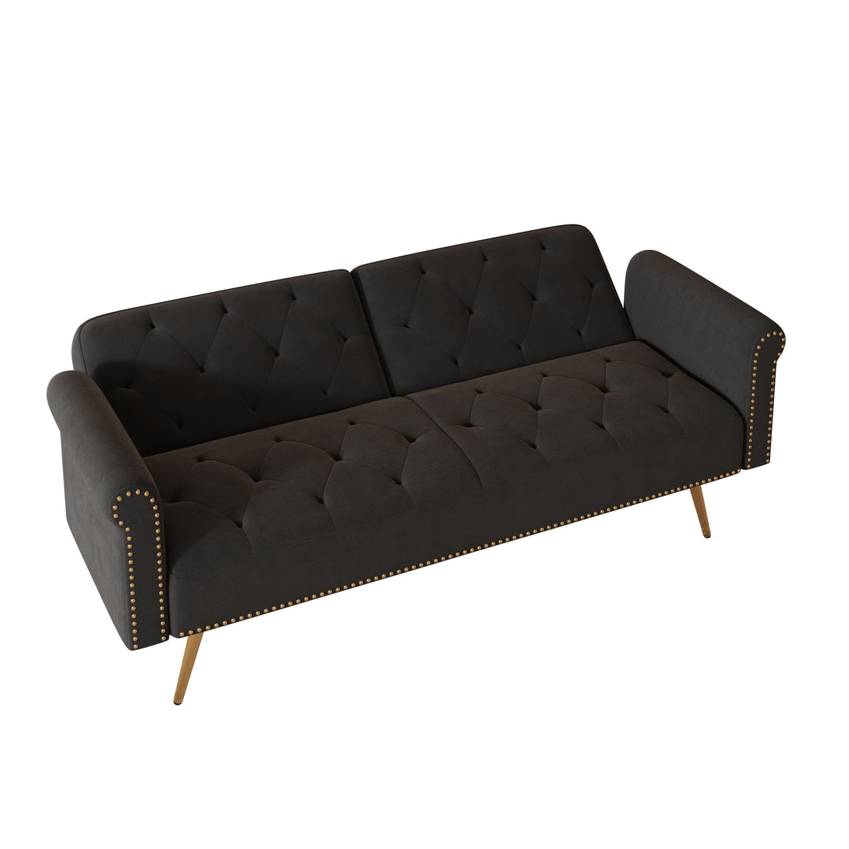 Velvet sofa bed with nailhead trim in charcoal, tufted cushions, studded arms, wooden legs on Tampa Home & Garden Store