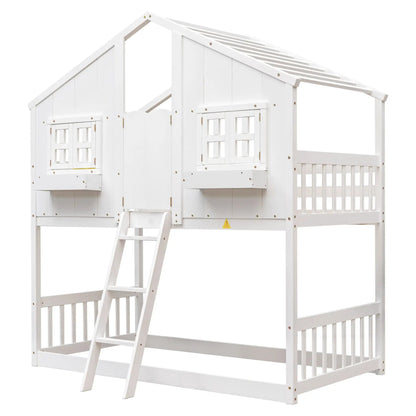 House bunk bed with roof in white wood, featuring window box, door, guardrails and ladder on Tampa Home & Garden Store