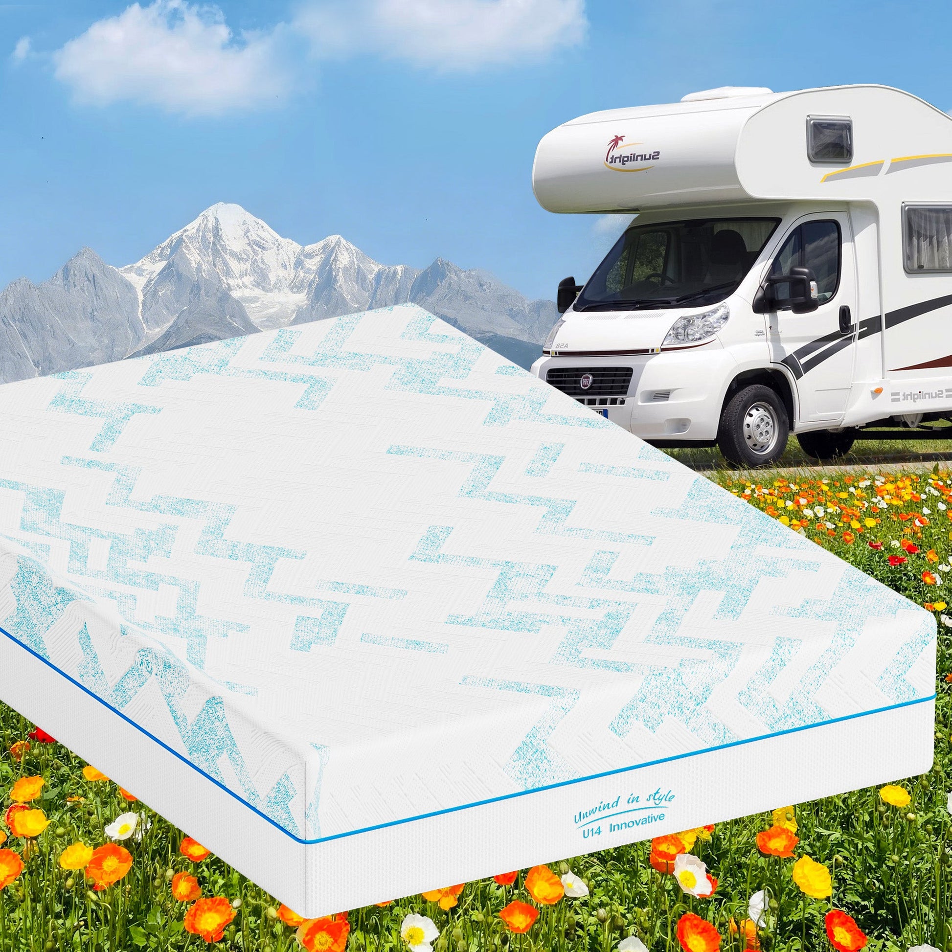 8-Inch RV Latex Memory Foam Mattress HouseOfZazla white cover with blue pattern beside a camper on Tampa Home & Garden Store