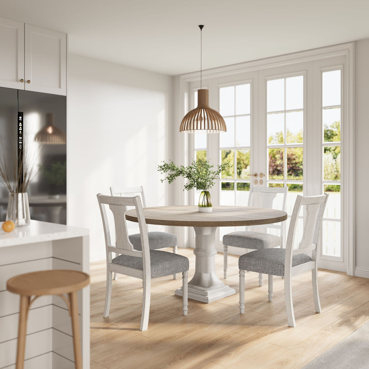 Round 5-piece dining table set with pedestal base in white and gray, includes 4 chairs on Tampa Home & Garden Store