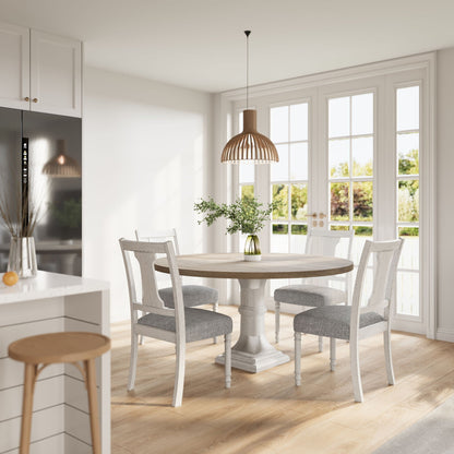 Round 5-piece dining table set with pedestal base in white and gray, includes 4 chairs on Tampa Home & Garden Store