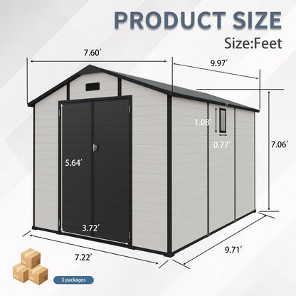 8x10 ft plastic outdoor shed HouseOfZazla, gray panels with dark doors and black trim on Tampa Home & Garden Store