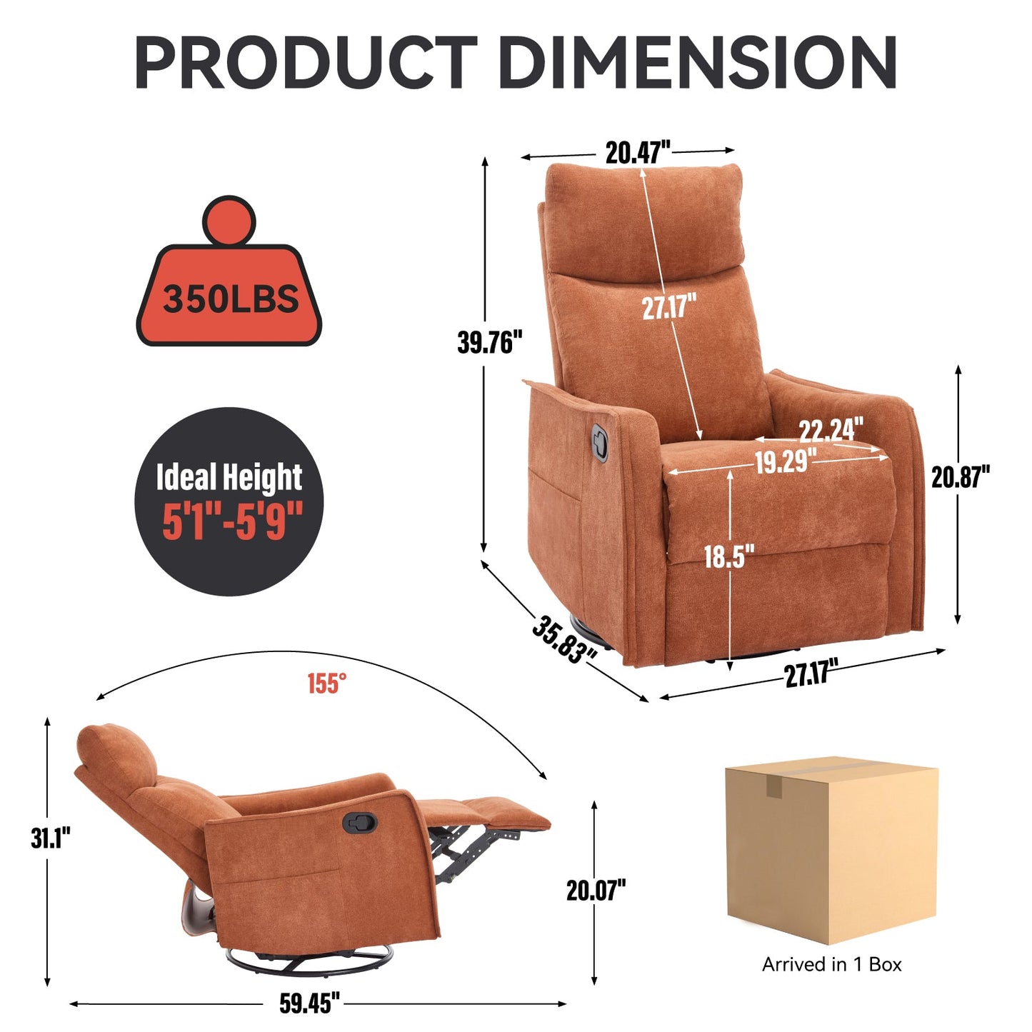 Heat massage manual recliner chair in rust orange fabric with rocker and swivel by HouseOfZazla on Tampa Home & Garden Store