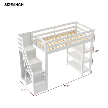 Loft bed with 4-layer shelves, storage staircase, wardrobe and LED light by HouseOfZazla, white on Tampa Home & Garden Store
