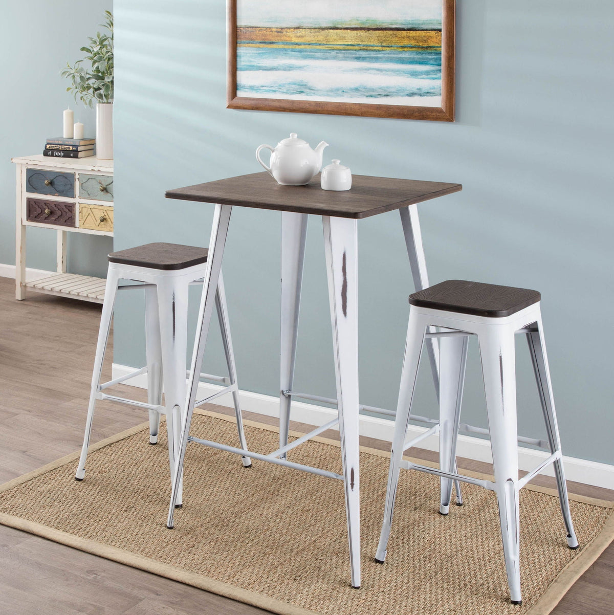 Contemporary barstool set of 2 with white metal frames and dark wood seats, stackable on Tampa Home & Garden Store