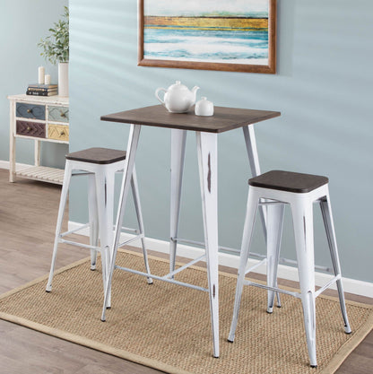 Contemporary barstool set of 2 with white metal frames and dark wood seats, stackable on Tampa Home & Garden Store