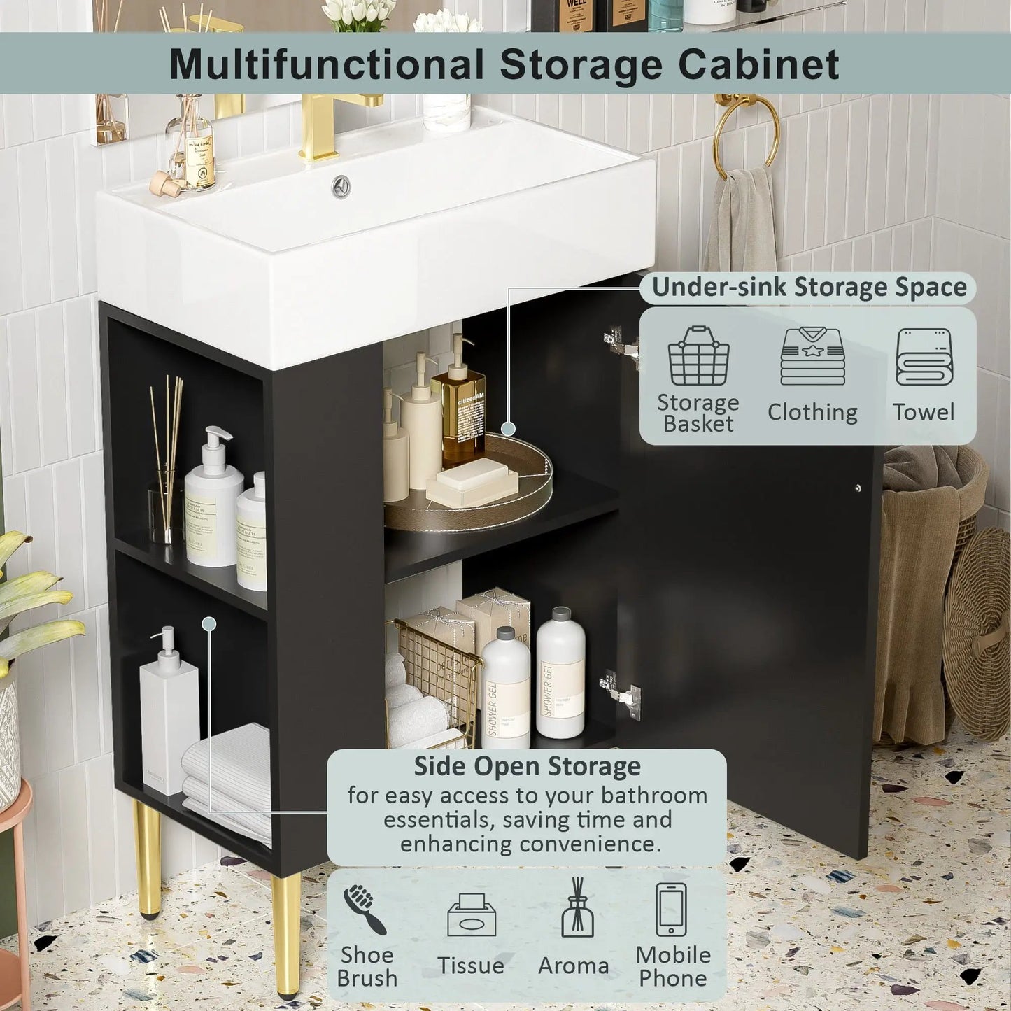 Bathroom vanity combo cabinet with white ceramic sink, black under-sink storage, gold faucet on Tampa Home & Garden Store