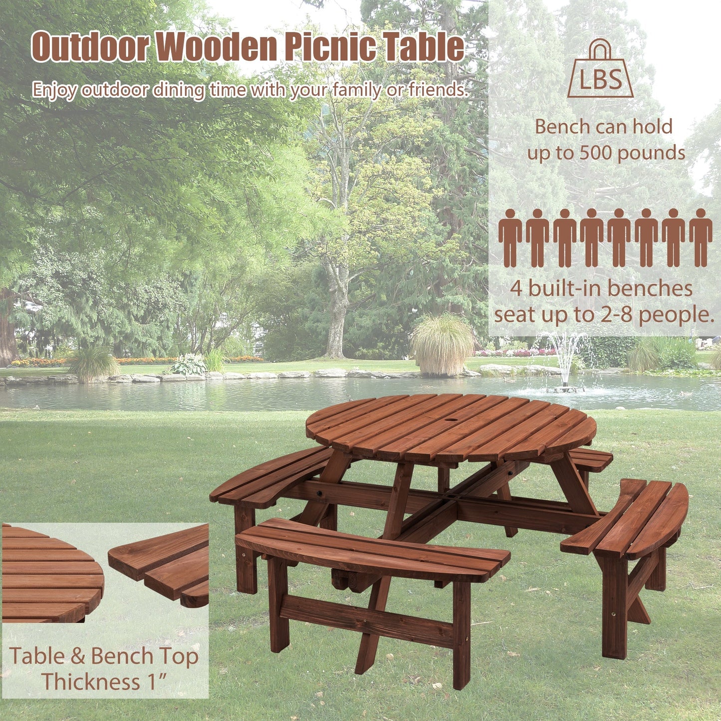 Round wooden picnic table with built-in benches in brown outdoor dining set by HouseOfZazla on Tampa Home & Garden Store