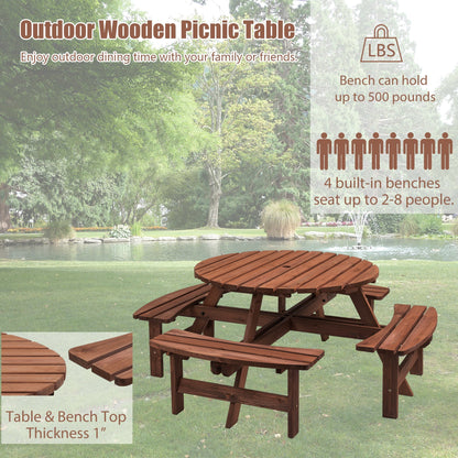 Round wooden picnic table with built-in benches in brown outdoor dining set by HouseOfZazla on Tampa Home & Garden Store