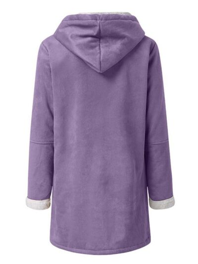 Purple hooded pocketed toggle jacket by Stevvex, long sleeve with gray cuffs back view on Tampa Home & Garden Store
