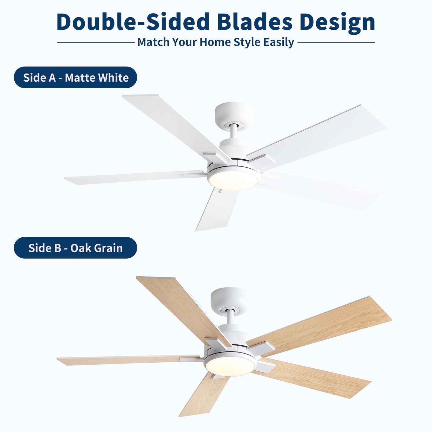 Reversible ceiling fan by HouseOfZazla with matte white/oak grain blades and dimmable LED on Tampa Home & Garden Store