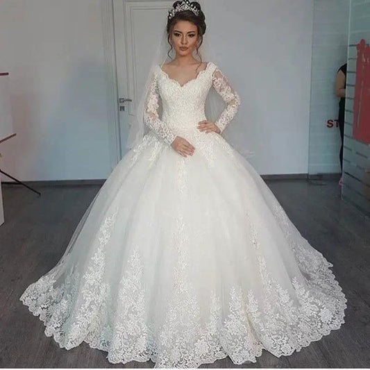 Women's long sleeve lace wedding dress by FLIPSTYLEZLLC, white ballgown with lace and veil on Tampa Home & Garden Store