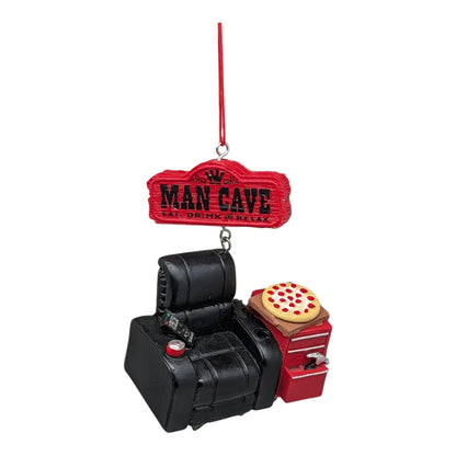 Man Cave ornament red sign with EAT DRINK AND RELAX text and pizza charm on red hanging cord on Tampa Home & Garden Store
