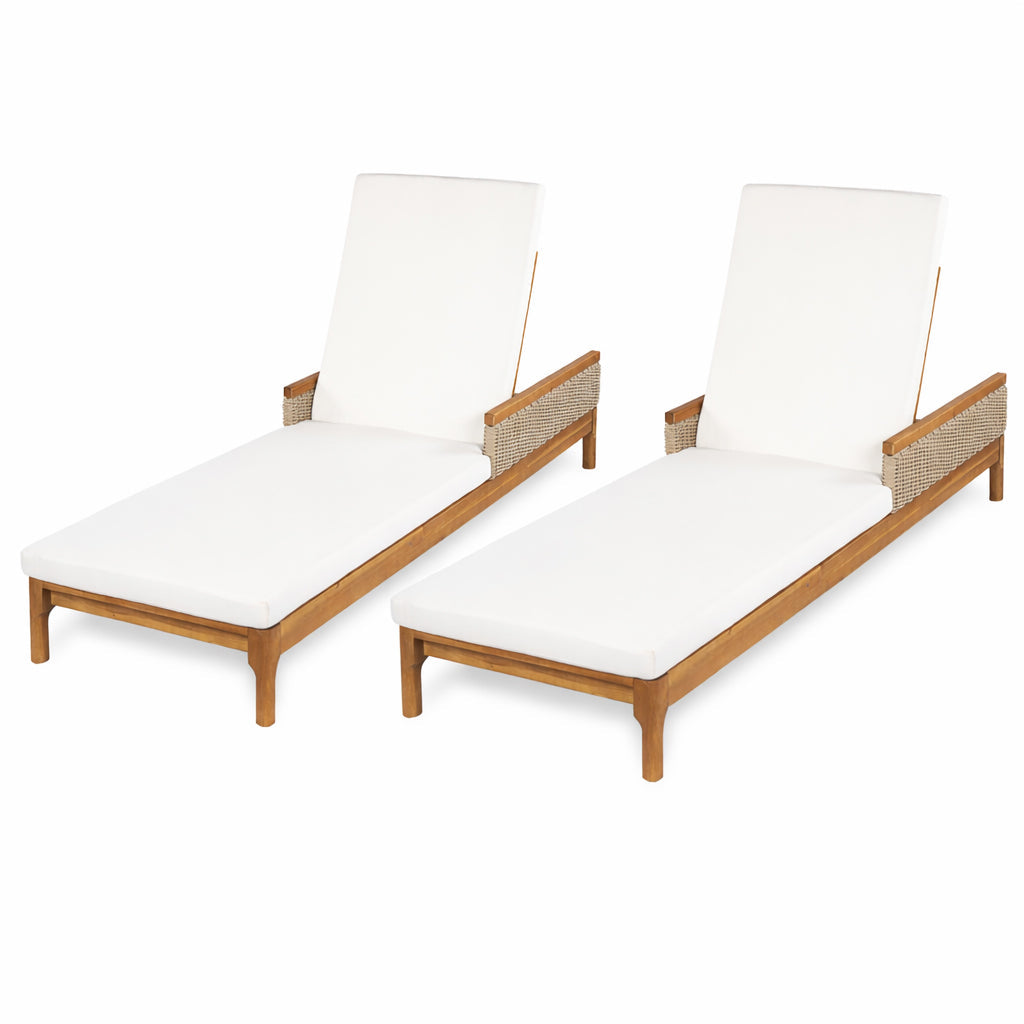 Sun lounger set of 2 in solid acacia wood with white cushions by HouseOfZazla on Tampa Home & Garden Store