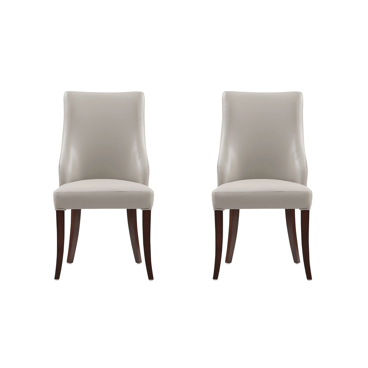 Set of 2 modern dining chairs in light gray upholstery with dark wood legs on Tampa Home & Garden Store
