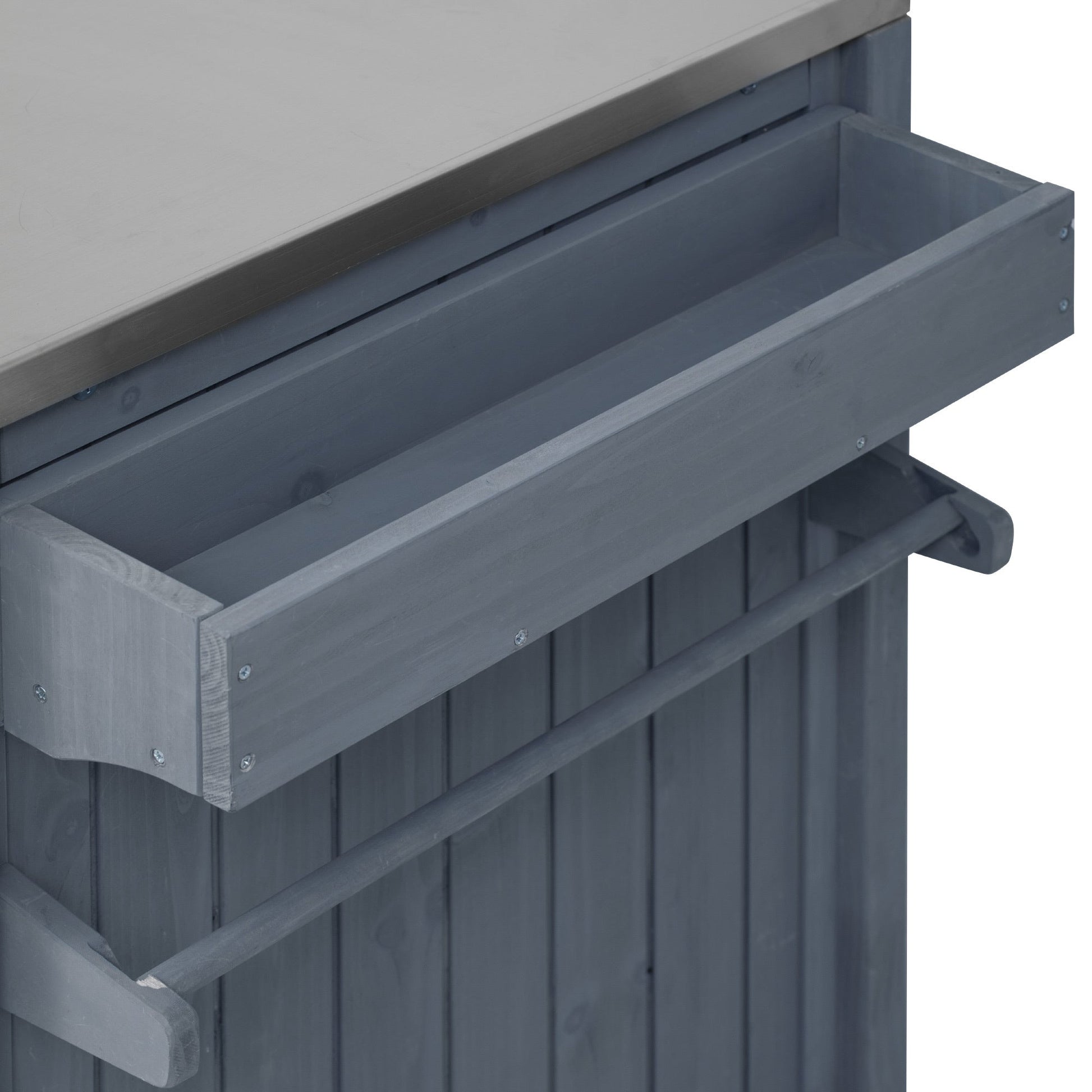 K&K 66.5-inch outdoor kitchen island in gray with slatted sides and a curved handle on Tampa Home & Garden Store