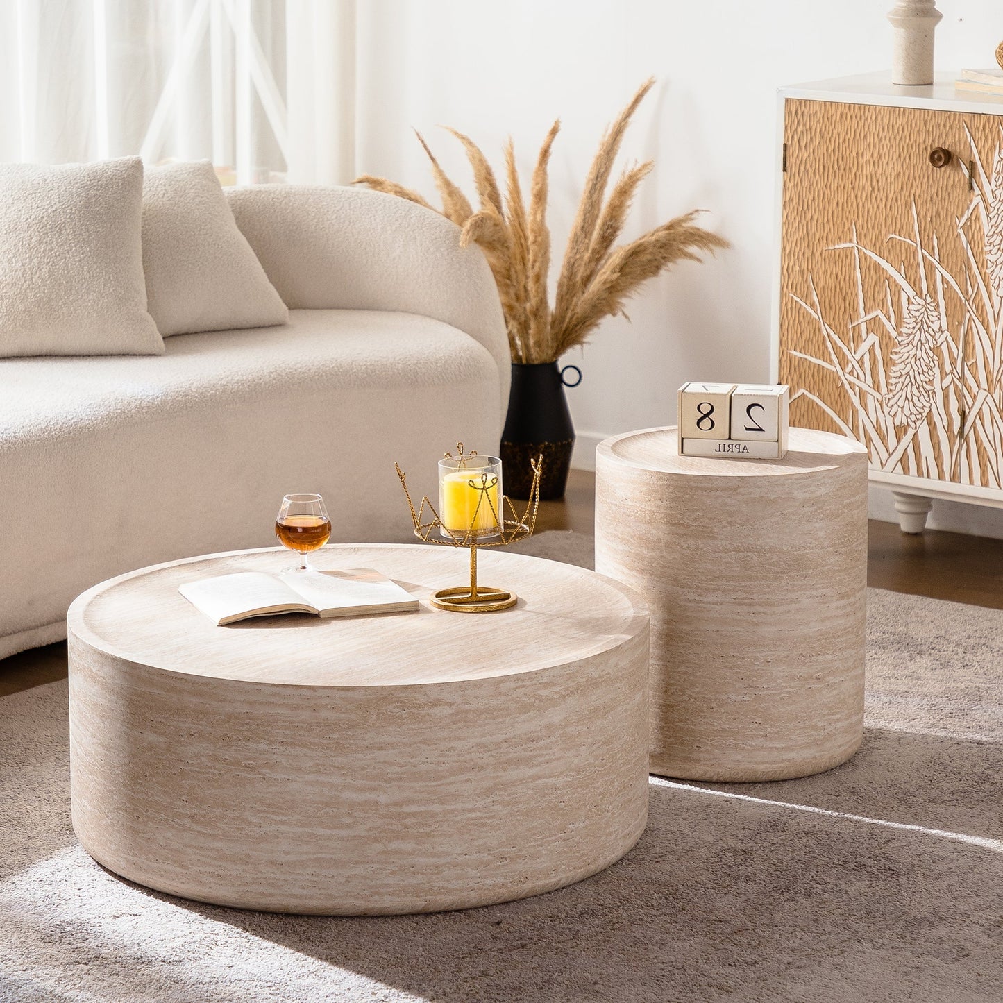 31.5'' Round Coffee Table with Mars Pattern by HouseOfZazla beige travertine 3-piece table set on Tampa Home & Garden Store