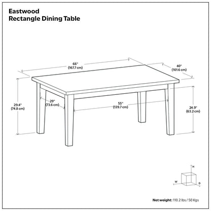 Eastwood Dining Table line drawing 66in top, 40in wide, 29.4in high Unique Piece Furniture on Tampa Home & Garden Store