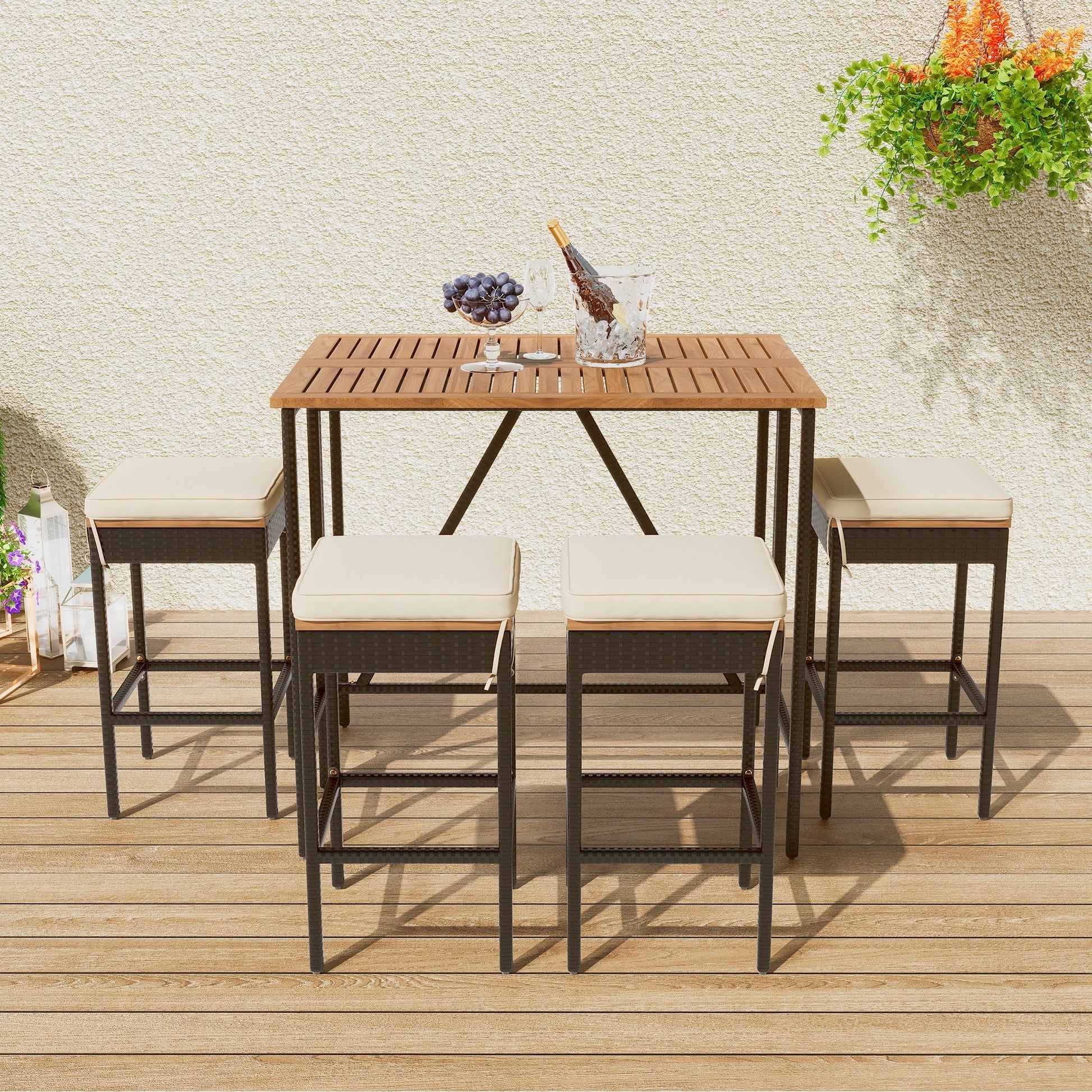 Outdoor acacia wood bar-height table with eight cushioned stools, beige cushions on Tampa Home & Garden Store