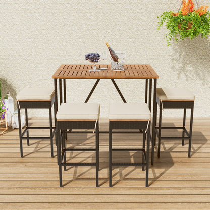 Outdoor acacia wood bar-height table with eight cushioned stools, beige cushions on Tampa Home & Garden Store