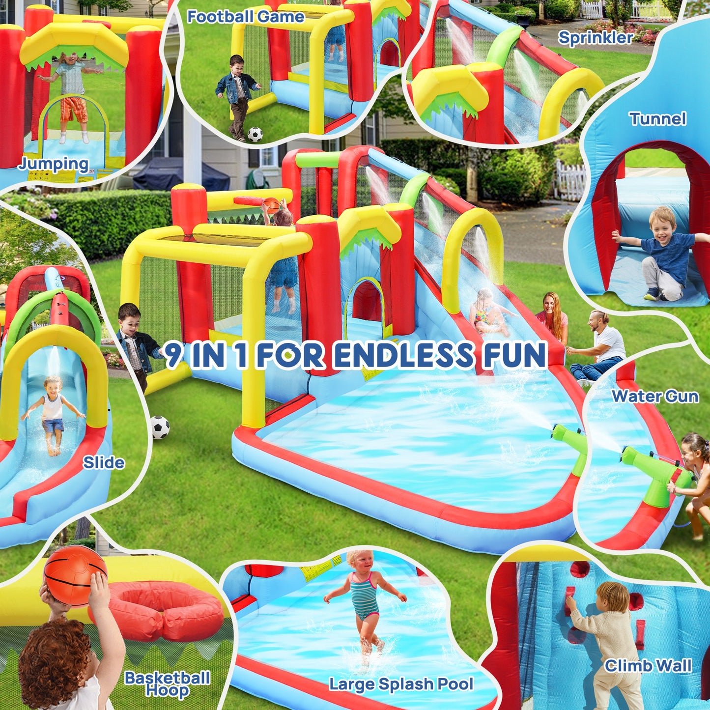 7-in-1 Inflatable Slide Water Park Garden Bouncer outdoor playset red blue yellow HouseOfZazla on Tampa Home & Garden Store
