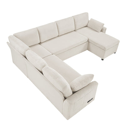 Convertible U-Shaped Sectional Sofa Bed with Reversible Chaise beige corduroy by HouseOfZazla on Tampa Home & Garden Store