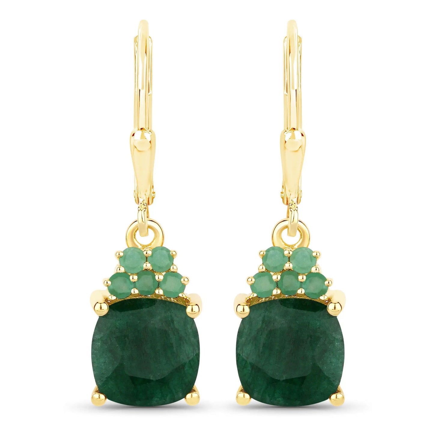 Gold-tone pair of drop earrings with emerald-green cluster beads and green teardrop stones on Tampa Home & Garden Store