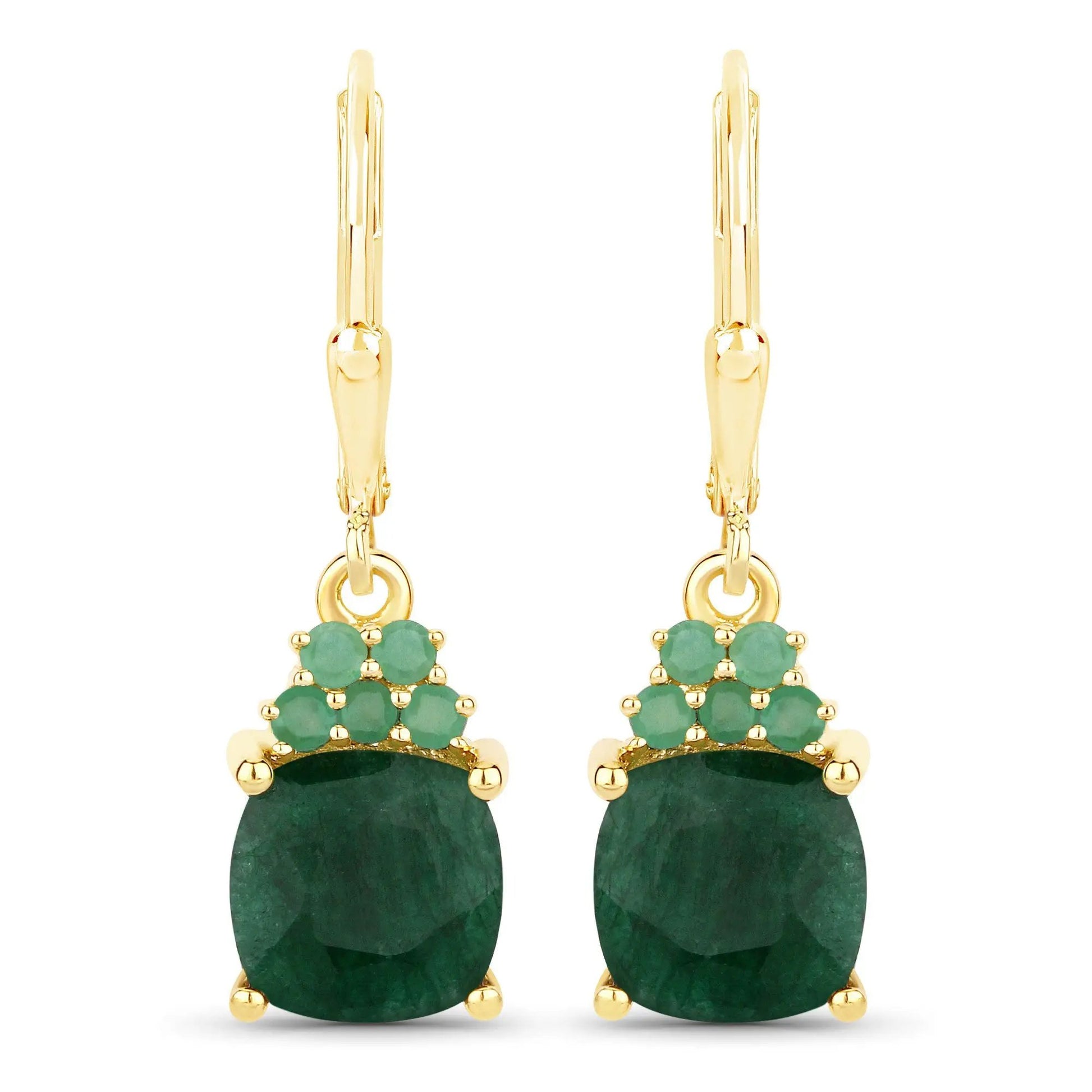 Gold-tone pair of drop earrings with emerald-green cluster beads and green teardrop stones on Tampa Home & Garden Store