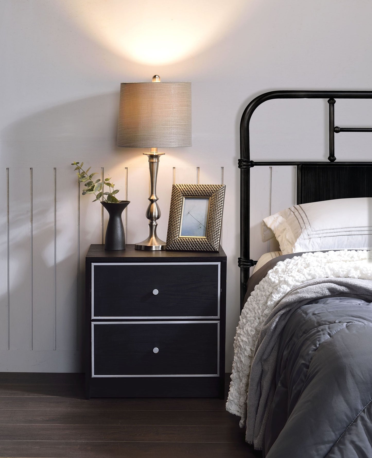 Modern black nightstand by HouseOfZazla with three drawers, white trim, silver knobs on Tampa Home & Garden Store