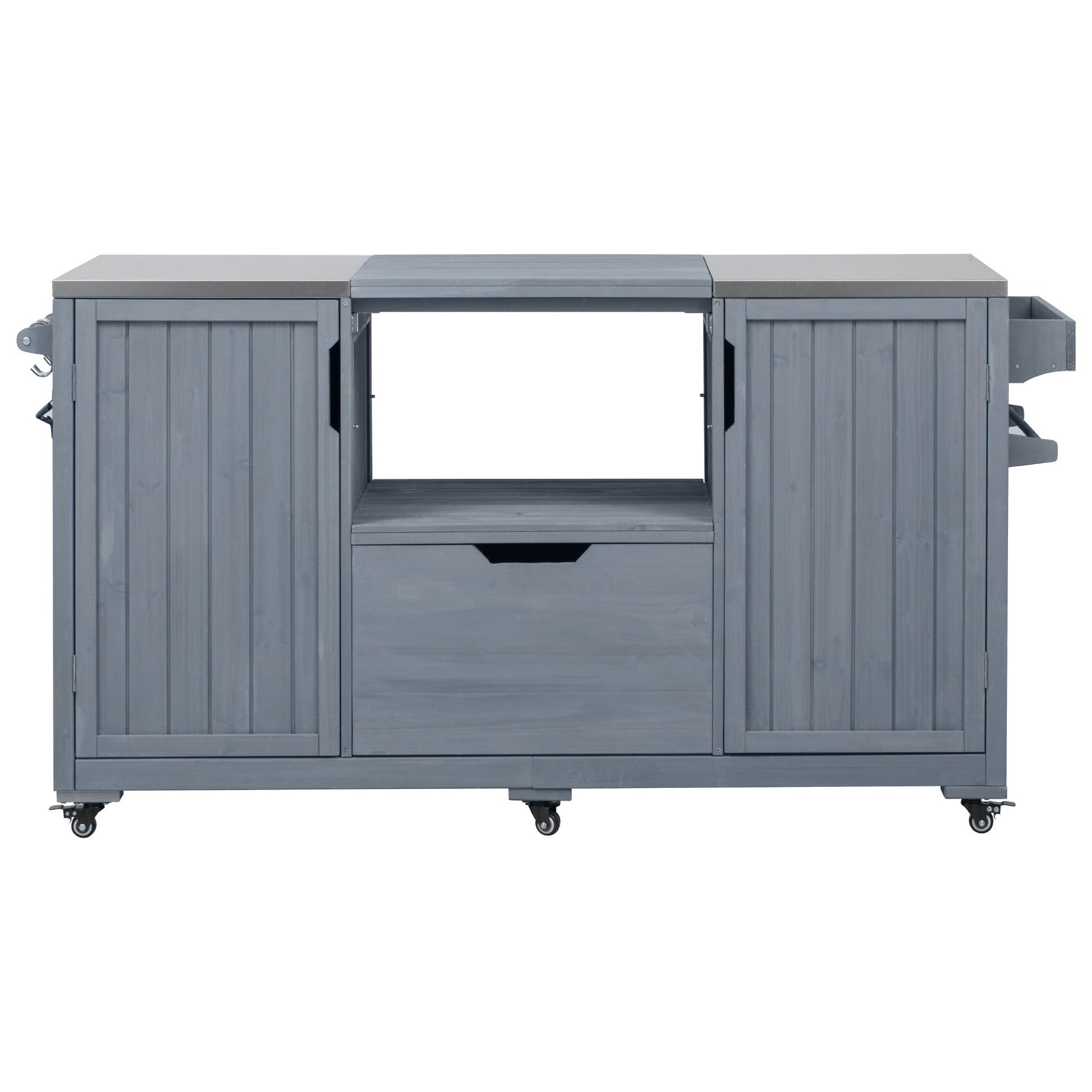 K&K 66.5in Outdoor Kitchen Island gray wood with cabinets, drawers and wheels for Big Green Egg on Tampa Home & Garden Store