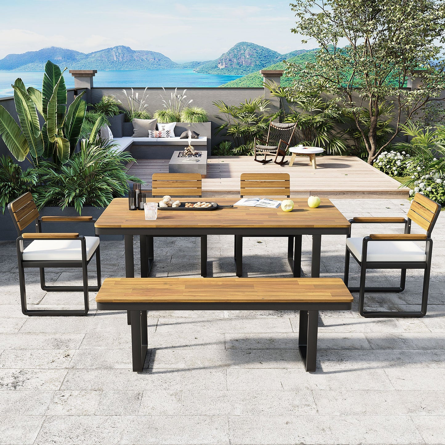 Acacia Wood Outdoor Dining Set and Bench Frame