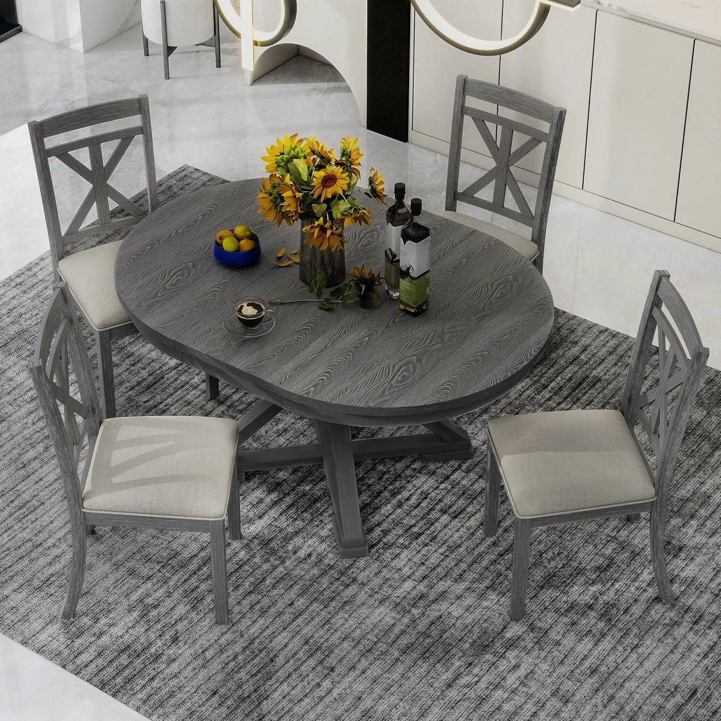 Dining Set Extendable Round Table and 4 Chairs