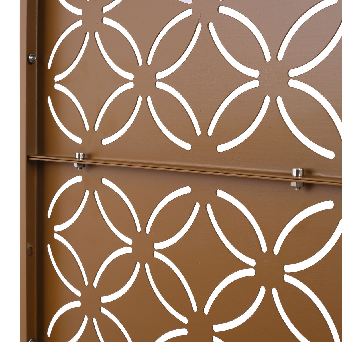 Room divider metal privacy screen brown rust-resistant steel with white looping circle motif on Tampa Home & Garden Store