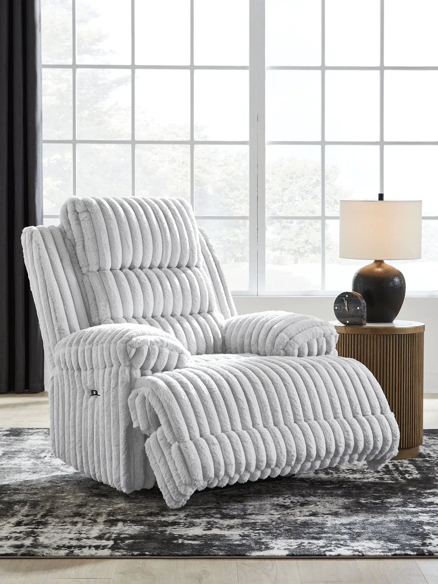 Rhines Falls Zero Wall Recliner Alloy in light gray plush fabric on Tampa Home & Garden Store