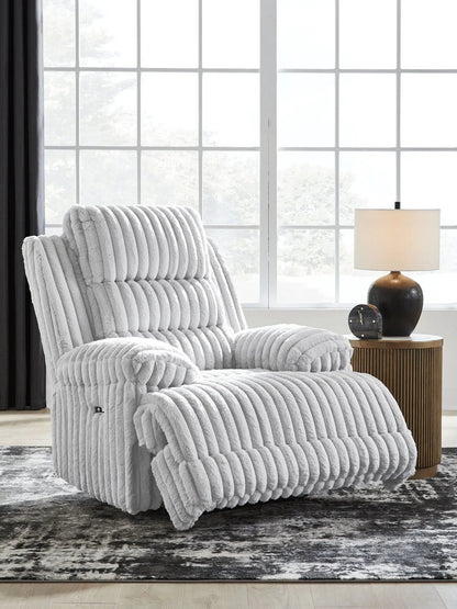 Rhines Falls Zero Wall Recliner Alloy in light gray plush fabric on Tampa Home & Garden Store
