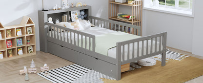 Grey storage bed with headboard rack, 2 under-bed drawers, 3 safety guardrails by HouseOfZazla on Tampa Home & Garden Store