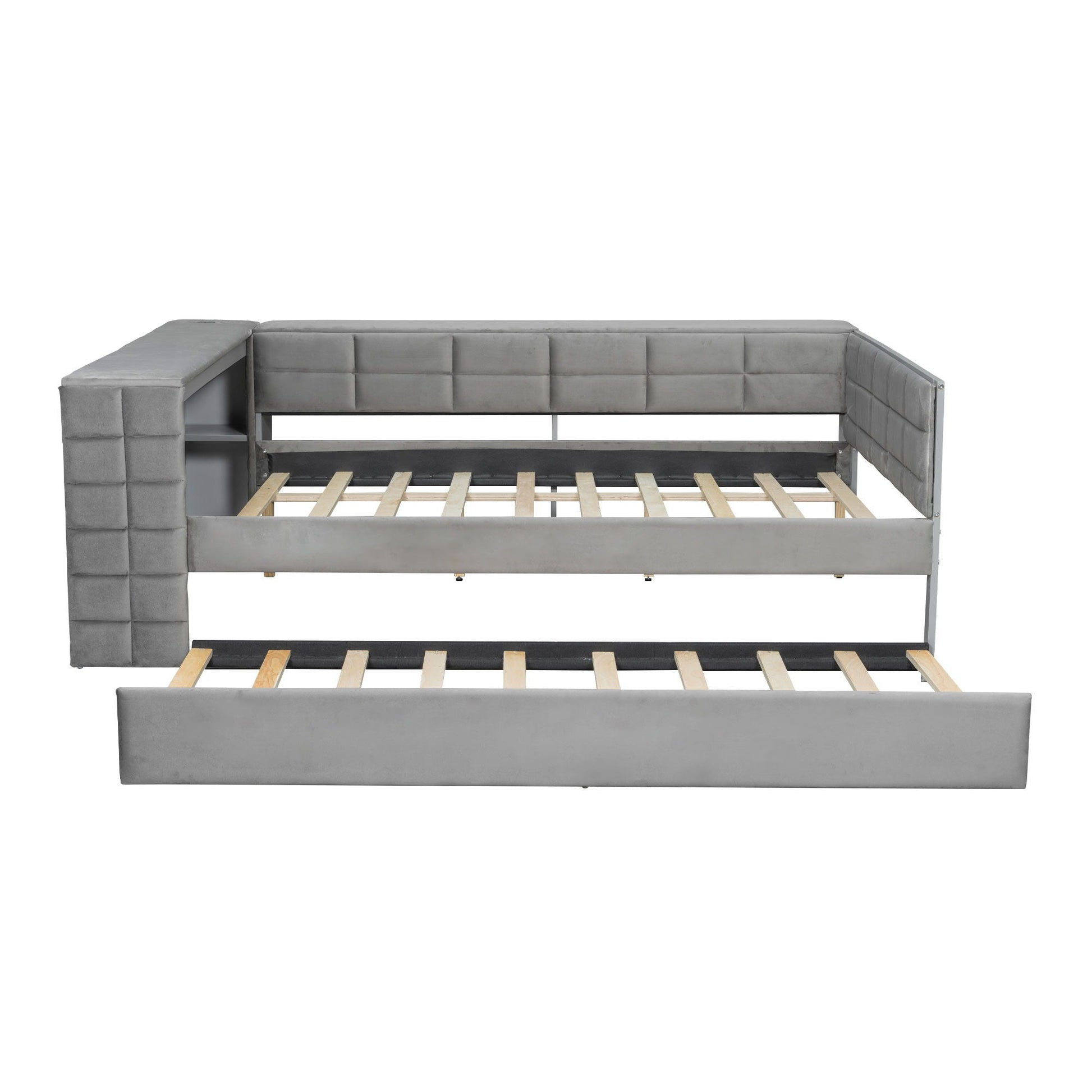 Grey upholstered platform bed with tufted panels and built-in side storage shelves on Tampa Home & Garden Store