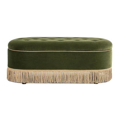 Melinda oval tufted bullion fringe storage bench olive velvet with piping HouseOfZazla on Tampa Home & Garden Store